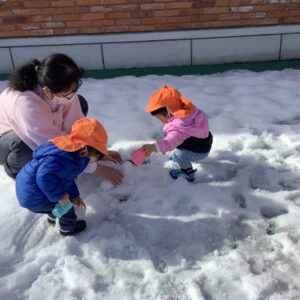 先生の真似をして、雪を丸めていました。