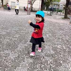 散った桜の花びらを踏みしめて歩く子ども
