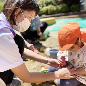 蟻をバケツに入れて観察する子ども