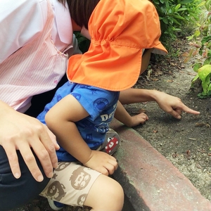 虫を発見して指さす子ども