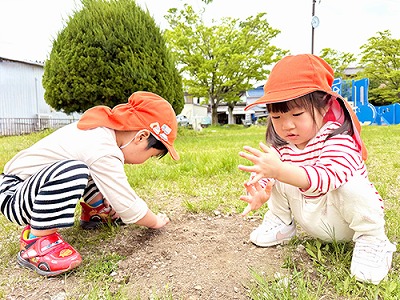 公園で花を摘む子どもたち